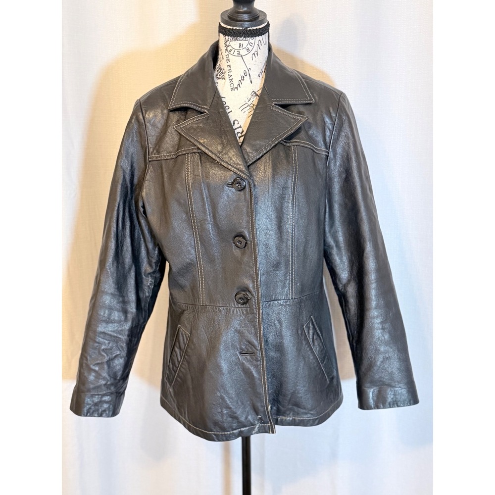 Wilsons Leather Maxima Black Leather Blazer Jacket White Stitching Large